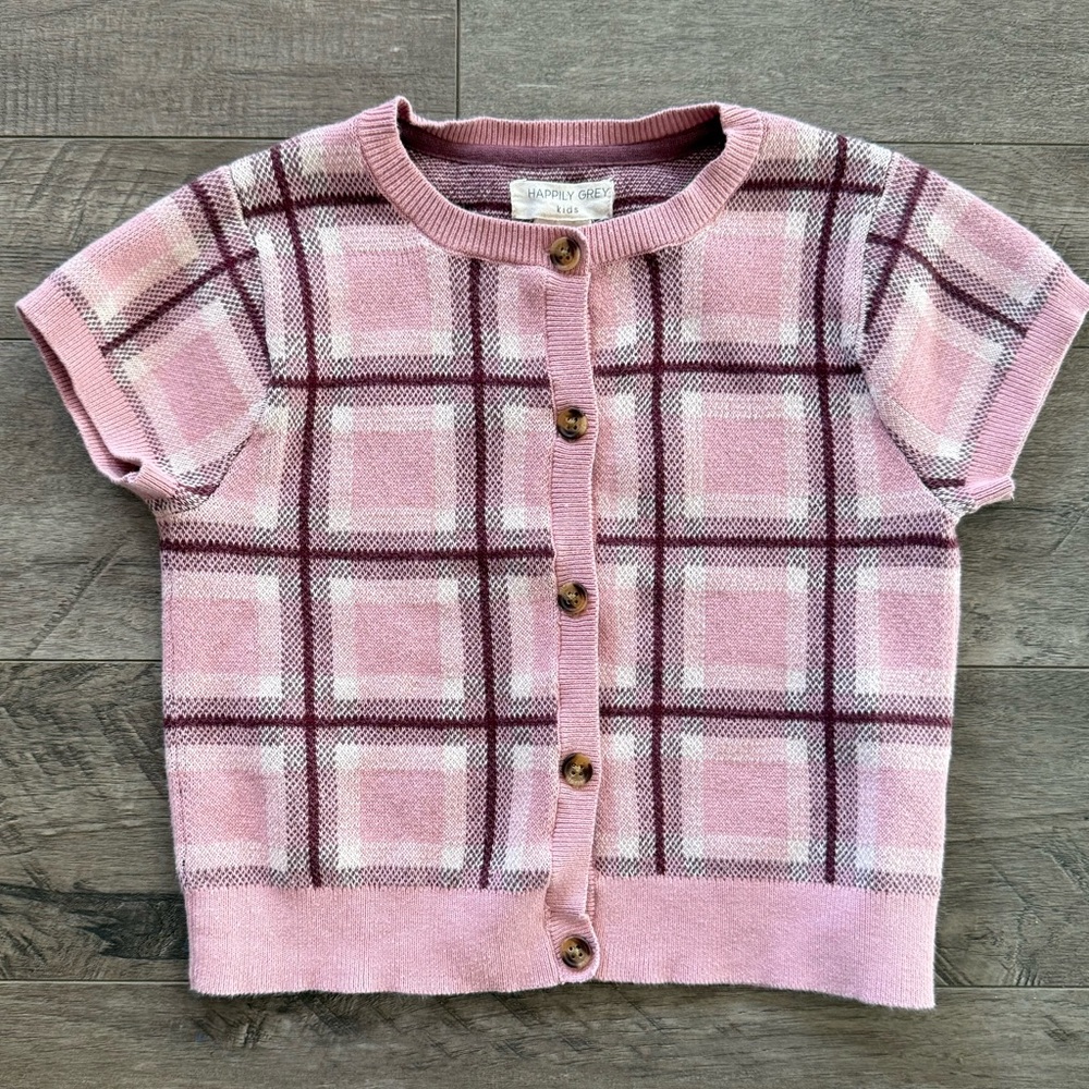 Happily Grey Girls Pink Plaid Knit Cardigan Sweater Size M 7/8 EUC